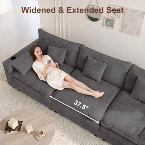 KCGKCG 116" 3-Seater Cloud Sofa, Modular Sectional Couch, Chenille Deep Seat Cloud Couch with Charging Station, Cup Holder, Side Pocket, Double Layer Seat Cushion Couches for Living Room, Grey - color: Grey, size: 116"- Loveseat
