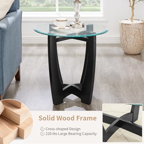 Glass End Table, 23.5" Round Side Tables with Tempered Glass Top Cross and Solid Wood Base Small Night Stand for Living Room Office Apartment Black - color: D-2, size: Round