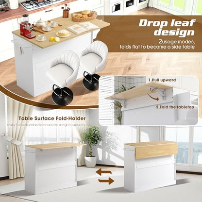48" Kitchen Island with Trash Can Storage & Drop Leaf on Wheels | Rolling Kitchen Island Table Cart Cabinet with Drawer, Mobile Kitchen Cabinet on Wheels w/Spice Rack, Towel Bar, Hooks - color: White, size: 48"
