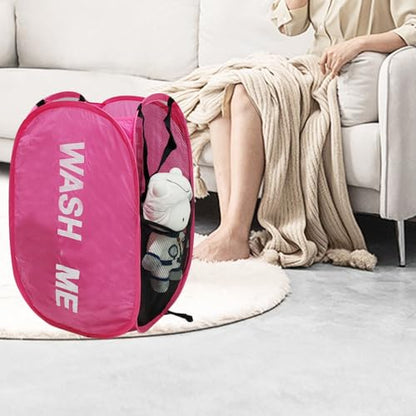 Pop Up Laundry Hamper Collapsible Laundry Basket Mesh Foldable Pink Dirty Clothes Hamper with Handles for Home, Bathroom, Bedroom, Travel, Cruise - color: Pink