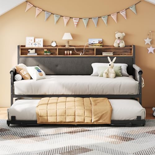 LIKIMIO Daybed with Trundle, Twin Bed Frame,Black | with Upholstered Headboard and Charging Station, Sofa Day Bed with Strong Supports for Living Room, Bedroom and Guest Room - color: Black