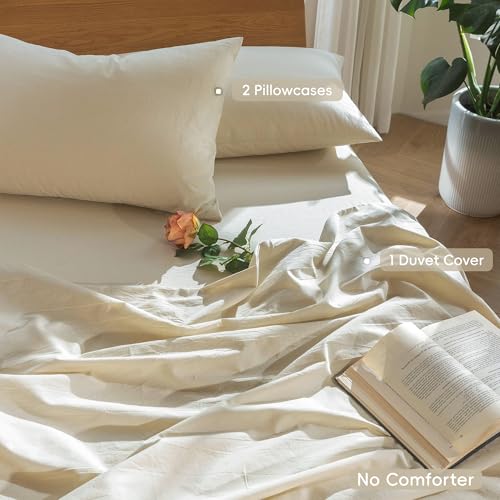MooMee Duvet Cover Set 100% Washed Cotton Linen Like Queen | Relaxed Linen-like Texture. Soft, Breathable & Long-lasting Comfort. Lightweight. Hidden Zipper with 8 Interior Corner Ties - color: Heathered Almond Milk Grey (No Comforter), size: Queen (90"x9