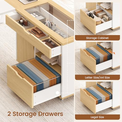 SEDETA L Shaped Computer Desk with Mobile File Cabinet & Power Outlets, Executive Home Office Desk with Storage Drawers, Pegboard, Cable Management, Reversible L Desk for Work & Gaming, White + Oak