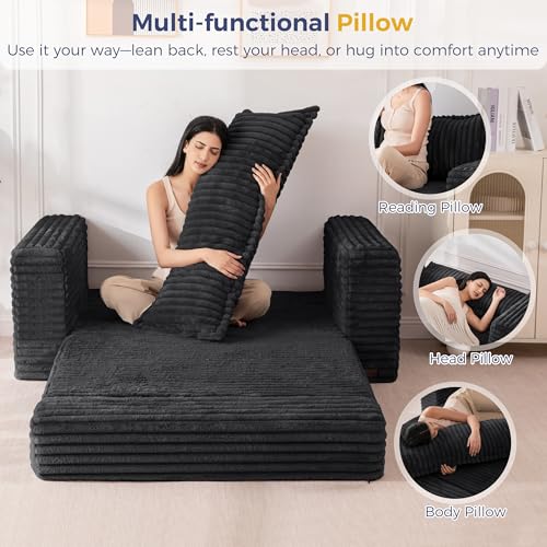 MAXYOYO Convertible Sofa Bed, Pull-Out Loveseat Couch Bed for Small Space | 2 in 1 Folding Couch Bed with Large Back Pillow, Plush Faux Fabric Lounge Couch for Living Room, Apartment, Black - color: Black