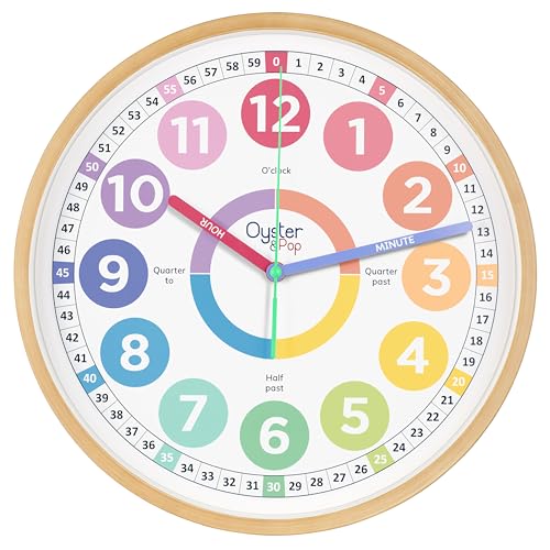 Oyster&Pop Large Pastel Kids Wall Clock - Silent 14" Analog Learning Clock | Fully labeled color-coded telling time teaching clock for classroom, bedroom, nursery and homeschool - toddlers to age 12 - color: Pastel, size: 14 inch