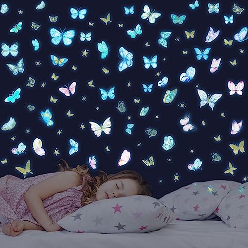 Glow in The Dark Wall Decals - Luminous Butterfly Stickers, Colorful Removable Self-Adhesive Decals for Girls Bedroom, Kids Baby Nursery, Living Room Decoration - color: Butterfly
