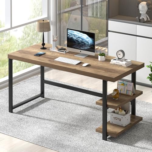 60 Inch Home Office Desk, Large Computer Desk with Storage Shelves, Modern Wood and Metal Writing Study Gaming Table Workstation for Living Room, Rustic Oak - color: Rustic Oak, size: 60 inch