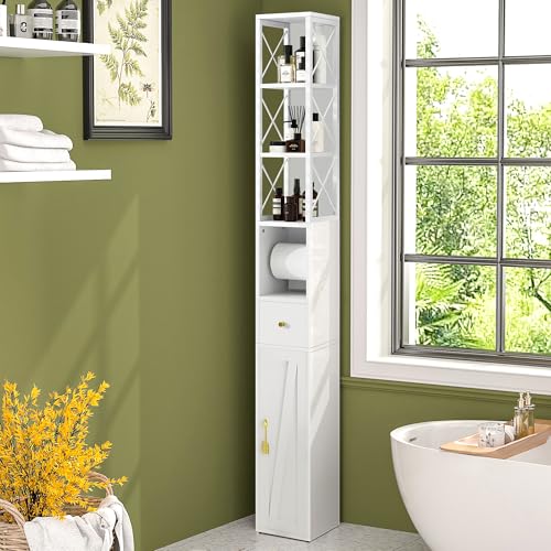 VECELO Tall Narrow Storage Cabinet with X-Frame Metal Design, Slim Freestanding Bathroom Cabinet with Toilet Paper Holder, Magnetic Door & Drawer, for Small Spaces, 7.9" D x 7.9" W x 67" H, White - color: Hollow Top