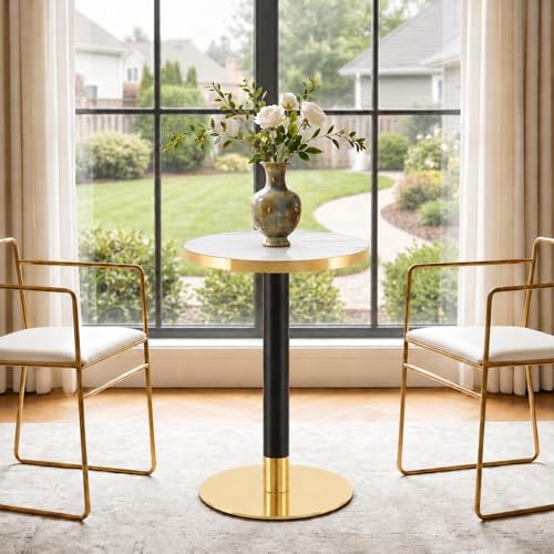 TesNus 23.6" Small Round Dining Table for 2, Circle Tulip Table, Faux Marble Top with Gold Metal Pedestal Base, Modern Leisure Coffee Table for Small Spaces, Cafe, Office, White&Gold - color: White Top&black Leg&gold Base