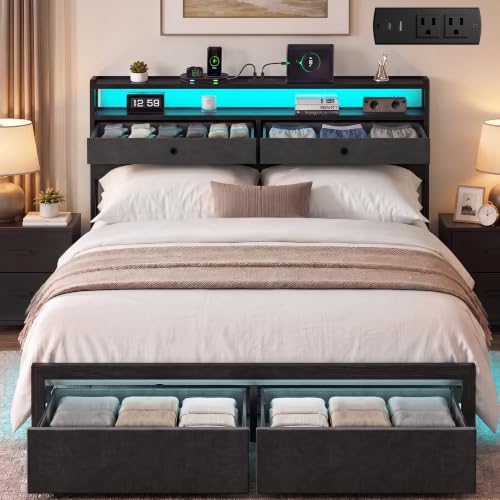Queen Bed Frames with LED Lights and Charging Station, Platform Bed with Metal Slats, Wood Headboard with 2 Fabric Drawers and Storage Shelves, No Box Spring Needed