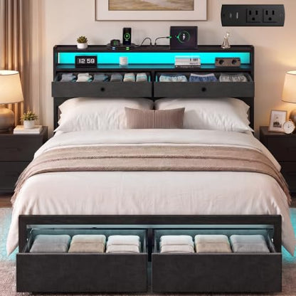Queen Bed Frames with LED Lights and Charging Station, Platform Bed with Metal Slats, Wood Headboard with 2 Fabric Drawers and Storage Shelves, No Box Spring Needed