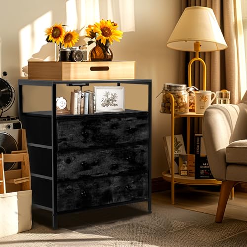 3-Drawer LED Nightstand Set 2 with Charging Station, Black | Engineered Wood and Steel, 2 AC and 2 USB ports, 24 Inch Wide, RGB App Control, Fabric Drawers, Open Storage Shelf - color: Black, 2 Pack