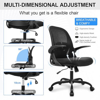 Office Chair Ergonomic Desk Chair with Flip up Armrests Swivel Breathable Desk Mesh Computer Chair with Adjustable Lumbar Support and Height for Conference Room (Black) - color: Black