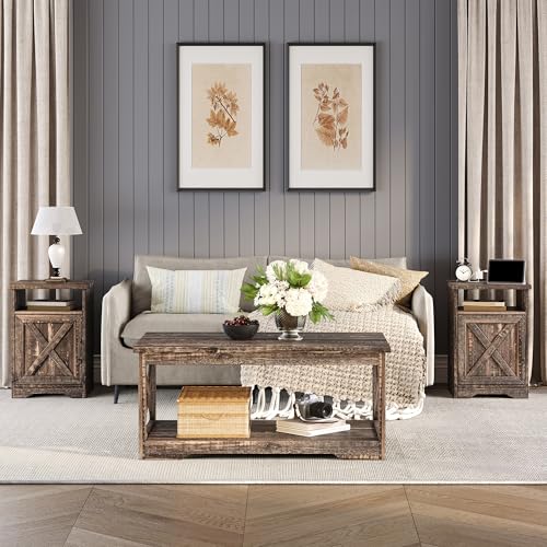 3 Piece Living Room Table Set with Barn Door, Black Oak | Includes Coffee Table and 2 End Tables, Charging Station &USB Ports, Rustic Farmhouse Style, Living Room Furniture Set - color: Black Oak