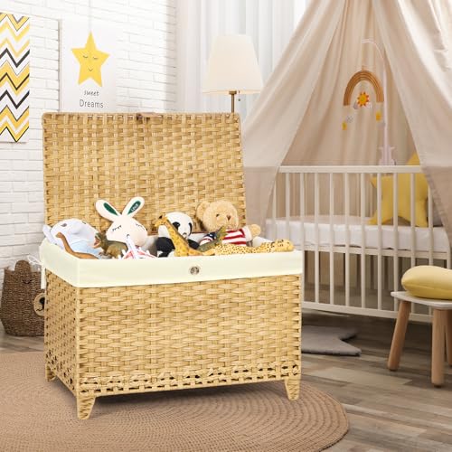 Wicker Storage Basket with Lid, 200L Storage Bin with Removable Liner Bag | Rattan-Inspired Shelf Basket Design, Storage Trunk with Heightened Feet, Wardrobe Storage Container & Home Organizer - color: Natural, size: 200L