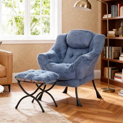 Modern Lazy Chair with Ottoman Lounge Accent Reading Chair for Living Room | Foldable Footstool,Removable Cover,Soft Padded Seat & Backrest,Upholstered Comfy Chair for Bedroom,Dorm,Office,Small Space - color: Plush Light Blue