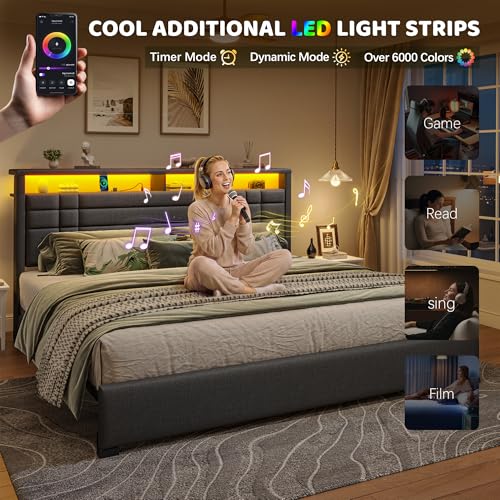 EnHomee King Upholstered Bed Frame with Charge Station & LED Lights, Grey | 2-Tier Shelves Headboard, 12" Under-Bed Storage Space, Noise-Free, No Box Spring Needed, Easy Assembly - color: Grey, size: King (U.S. Standard)