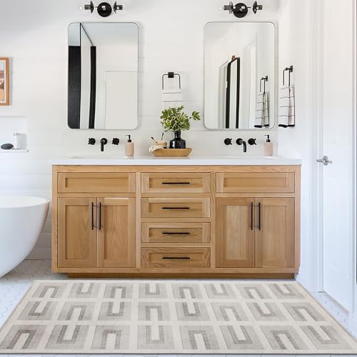 Machine Washable Area Rug Runner - Living Room Bedroom Bathroom Kitchen Entryway Office - Non-Slip Baking Low Pile Stain Resistant Premium - Modern Geometric - Remi - Beige 2'6" x 6' - color: Remi - Beige, size: 2'6" x 6' (Rectangular)