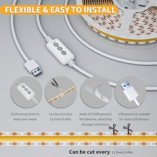 PAUTIX LED Strip Light 5V USB 6.56ft/2m 2700K, 640LEDs 1200lm Dimmable COB LED Strip Light Warm White CRI90+ USB TV Backlight,Flexible Under Cabinet Tape Light for Bedroom,Kitchen,Home DIY Lighting - color: 2700K, size: 6.56 ft