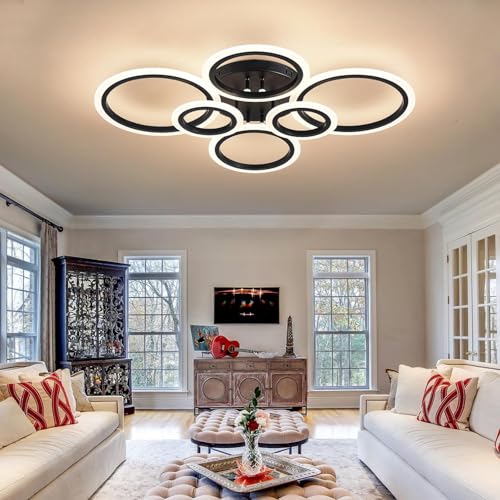 Shine LUEST 6 Rings Black Modern LED Ceiling Light Fixture, Flush Mount Ceiling Light with Remote Dimmable Brightness, Adjustable 3000-6000K Color Temperature, Timer for Living Room, Bedroom - color: Black, 6 Rings