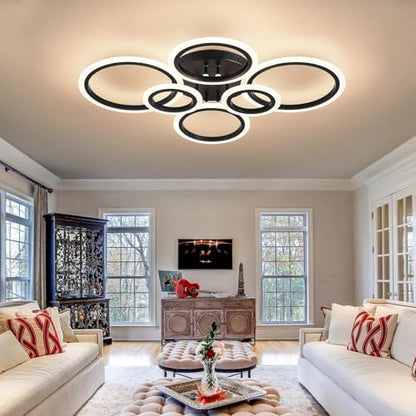 Shine LUEST 6 Rings Black Modern LED Ceiling Light Fixture, Flush Mount Ceiling Light with Remote Dimmable Brightness, Adjustable 3000-6000K Color Temperature, Timer for Living Room, Bedroom - color: Black, 6 Rings