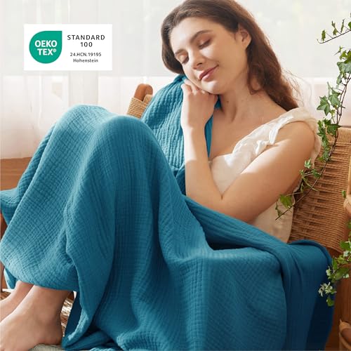Bedsure 100% Cotton Muslin Blanket King Size for Bed - 4-Layer Breathable and Lightweight Thin Soft Summer Gauze Muslin Blanket for Adults, Teal, 108x90 Inches | Lightweight Breathable Summer Gauze Muslin Blanket for Adults, Soft Thin Bedspread Coverlet A