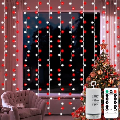 Christmas Curtain Lights Battery Operated Fairy Curtain Lights 9.8×9.8 Ft | 300 LED Battery Curtain Lights with Remote Timer Dimmable 8 Modes for Party Yard Patio Xmas Decor, Red White - color: Red White