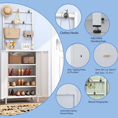 2in1 Hall Tree Shoe Cabinet for Entryway, Hallway, and Living Room,Metal Shoe Coat Rack Cabinet with 3 Adjustable Shelf,Shoe Storage Organizer with Hanging Bar & Hooks (Cabinet With Coat Rack, white) - color: White, style: Cabinet With Coat Rack