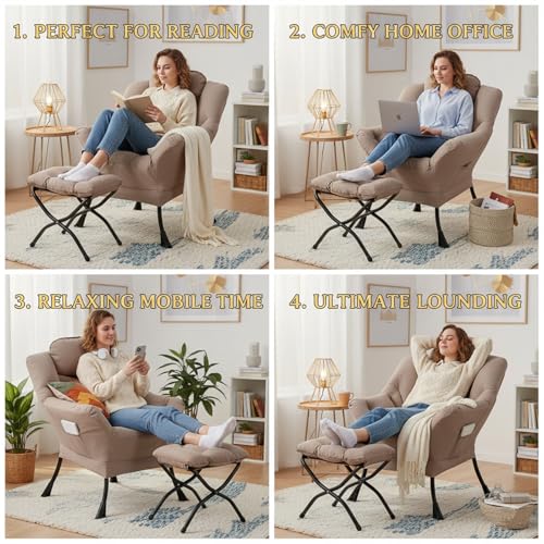 Lazy Chair with Ottoman, Comfy Reading Accent Chair, Khaki | Foldable Footrest, Padded Seat and Backrest, Side Pocket for Lounging in Living Rooms, Bedrooms, Dorms and Small Spaces - color: Peach Skin Khaki