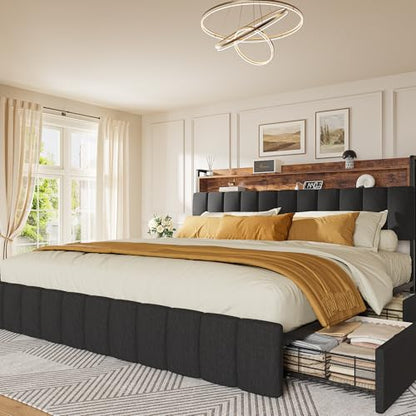 Bed Frame King Size with Upholstered Headboard & Charging Station, King Bed Frame with 4 Storage Drawers, 2-Tier Open Shelves, No Box Spring Needed, Slient Foam Strip, Easy Assembly, Black - color: Rustic Brown and Black, size: King