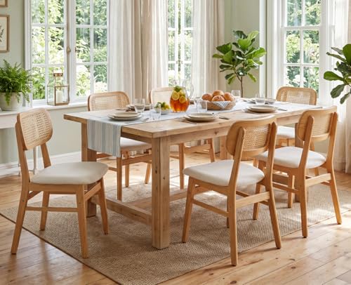 EALSON Rattan Dining Chairs Set of 6 Cane Back Farmhouse Dining Room Chairs Mid Century Kitchen Chairs with Natural Wood Frame Linen Upholstered Side Chairs for Kitchen & Dining Room, Beige - color: Linen Beige-natural Wood Frame, size: 6PCS