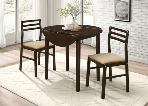 Coaster Home Furnishings 3-Piece Round Wood Dining Room Set Drop Leaf Extension Table Ladder Back Side Chairs Upholstered Seat Cushions Cappuccino and Tan 130005