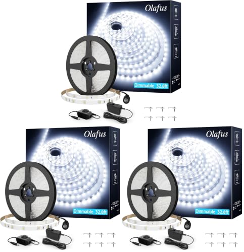 Olafus White LED Strip Lights, 32.8ft Dimmable Vanity Light, 6000K Daylight White LED Tape Lights with UL Listed Adapter, 12V 600 LEDs for Bedroom Kitchen TV Mirror Stair (Pack of 3) - color: Daylight White, size: 32.8ft (Pack of 3)