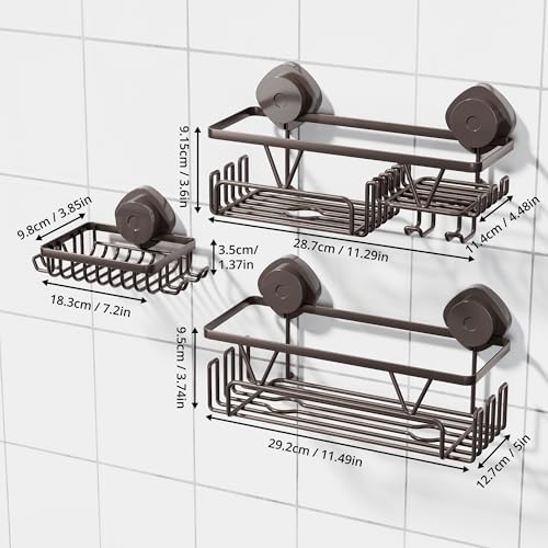 KEGII Shower Caddy Suction Cup 3 Pack, Bathroom Organizer Shelf, Bronze | Removable Rustproof Stainless Steel Rack with Soap Holder and Hooks, No Drill Shower Storage for Shampoo and Bathroom Items