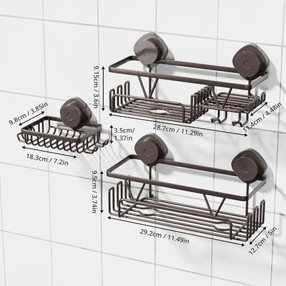 KEGII Shower Caddy Suction Cup 3 Pack, Bathroom Organizer Shelf, Bronze | Removable Rustproof Stainless Steel Rack with Soap Holder and Hooks, No Drill Shower Storage for Shampoo and Bathroom Items