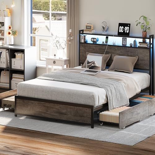 VINGLI LED Queen Bed Frame with 4 Storage Drawers and Adjustable Headboard Shelf, Metal Platform Panel Bed with Charging Station for Kids Teens, Adults, No Box Spring Needed, Wash Gray - color: Wash Gray, size: Queen/4 Drawers