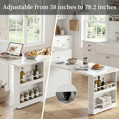 FUSUNBAO 78'' Kitchen Island with Extendable Dining Table for 4-6, Farmhouse Rolling Mobile Center Islands with Storage, Wine Glass Rack, Charging Station, 2 Drawers 2 Side Open Shelves, White - color: White