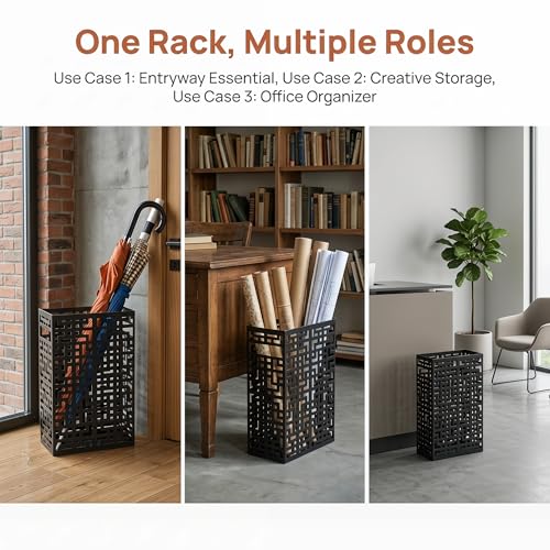 BEWBBAT Umbrella Stand Rack for Entryway, Hollow Metal Holder, FreeStanding Storage Bin for Long Umbrellas, Holds 6-7, Black