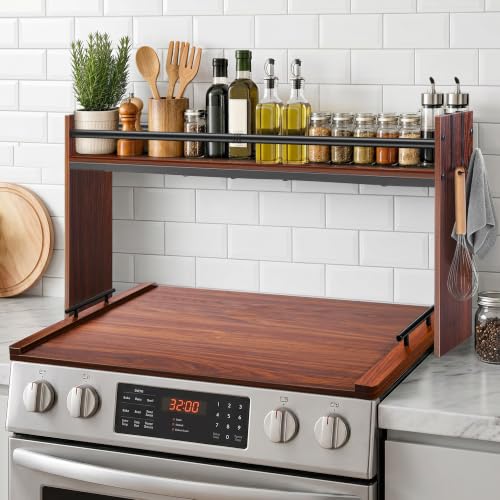 Spice Rack Shelf for Kitchen Stove, Over The Stove Shelf with 4 Hooks, Premium Wood & Metal Commbined Spice Rack Organizer Extra Storage Countertop (Walnut) - color: Walnut