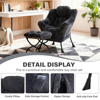 Modern Lazy Chair with Ottoman Lounge Accent Reading Chair for Living Room | Foldable Footstool,Removable Cover,Soft Padded Seat & Backrest,Upholstered Comfy Chair for Bedroom,Dorm,Office,Small Space - color: Plush Dark Grey