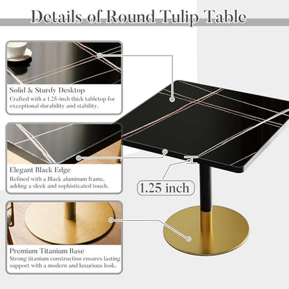 31.5'' Tulip Table, Square Dining Table with Sintered Stone Tabletop | Black Aluminum Alloy Edge & Gold Pedestal, Bistro Table for Dining Room/Café/Small Spaces/Restaurant (Black Gold Vein) - color: Black Gold Vein (Black Edge), size: Square