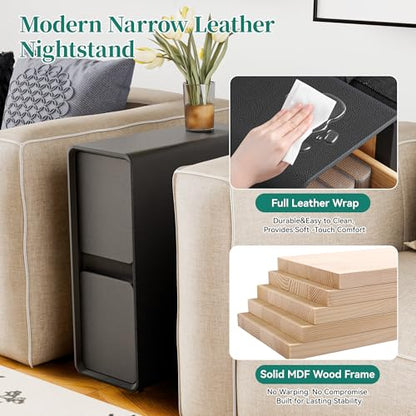 7.8" W Leather Narrow Nightstand Set of 2, Modern Fully-Assembled Bedside Table with 2 Drawers, White Night Stand Small Accent End Table & Side Table for Bedroom, Black - color: Black Set of 2, size: 8in