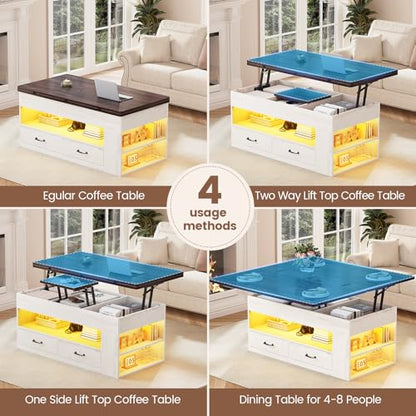 Itaar Lift Top Coffee Table, 4 in 1 Coffee Tables with Storage and Hidden Compartment, Farmhouse Coffee Table with 2 Fabric Drawers & LED Light for Living Room, White - color: White