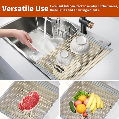 Golden Expandable Roll-UP Dish Drying Rack-Large 304 Stainless Steel Dish Drainer Over The Sink for Kitchen Countertop,Extendable & Rollable & Food Grade (Gold,22.08'x 13.2') - color: Gold, size: Large Expandable