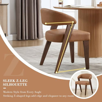 Brown Faux Leather Dining Chairs with Arms Set of 2, Mid Century Modern Kitchen & Dining Room Chairs, Barrel Backs/Walnut Solid Wood Legs, Upholstered Comfortable Accent Chairs for Living Room - color: Brown