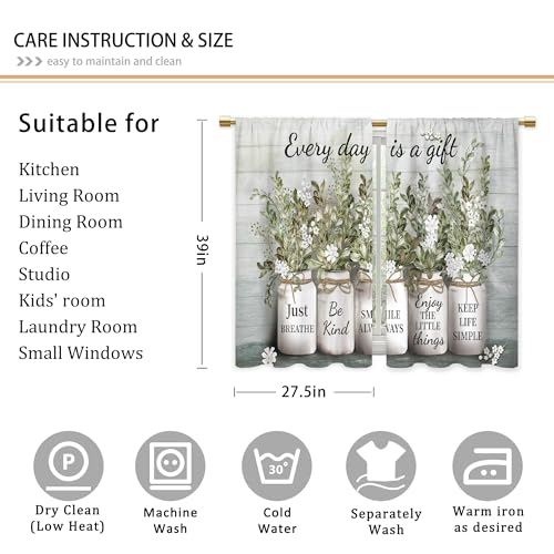 Green Leaves Eucalyptus Inspirational Kitchen & Bathroom Curtains - Rustic Flower Quotes, Farmhouse Floral Cafe Style - 27.5x39 Inch - color: A4 Green Botanical, size: 27.5"W x 39"L (Pack of 2)