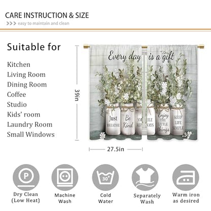 Green Leaves Eucalyptus Inspirational Kitchen & Bathroom Curtains - Rustic Flower Quotes, Farmhouse Floral Cafe Style - 27.5x39 Inch - color: A4 Green Botanical, size: 27.5"W x 39"L (Pack of 2)
