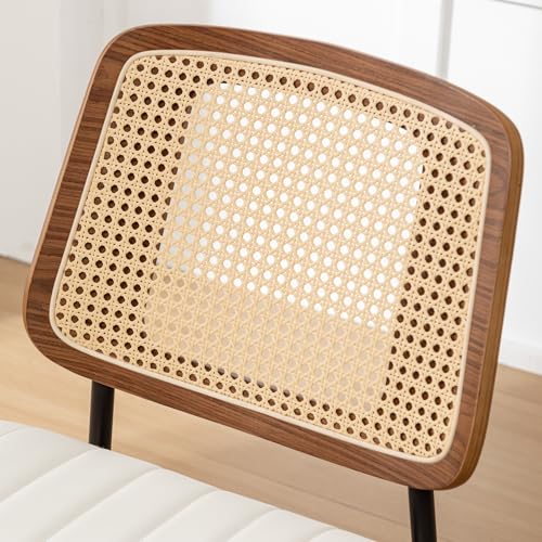 Rattan Dining Room Chairs Set of 2, Mid Century Modern Kitchen Ktichen Chairs,Faux Leather Walnut Wood Finish Side Chair, Metal Legs Desk Chair with Rattan Backrest,White - color: White, size: Set of 2