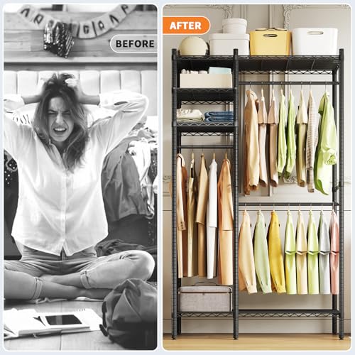 PioneerWorks Heavy Duty Garment Rack 1210 LBS, Commercial Clothing Rack with 4 Adjustable Shelves, Freestanding Wardrobe Closet Organizer, Metal Storage Rack for Home, Retail, Laundry Room - size: 45"W × 16.5"D × 76.4"H
