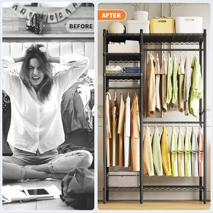 PioneerWorks Heavy Duty Garment Rack 1210 LBS, Commercial Clothing Rack with 4 Adjustable Shelves, Freestanding Wardrobe Closet Organizer, Metal Storage Rack for Home, Retail, Laundry Room - size: 45"W × 16.5"D × 76.4"H